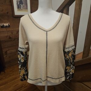 Secrets With Love Floral Sleeve Beige Blouse